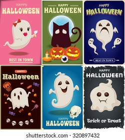 Vintage Halloween poster design set with ghost character