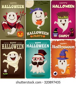 Vintage Halloween poster design set with ghost character