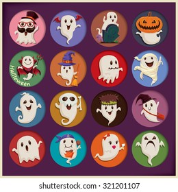 Vintage Halloween poster design set with ghost character