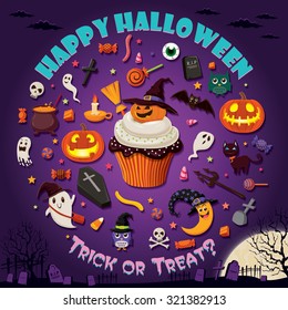 Vintage Halloween poster design set with cupcake