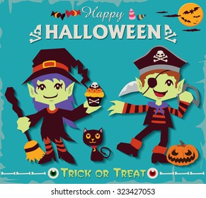 Vintage Halloween poster design set with witch & pirate character