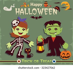 Vintage Halloween poster design set with skeleton girl character