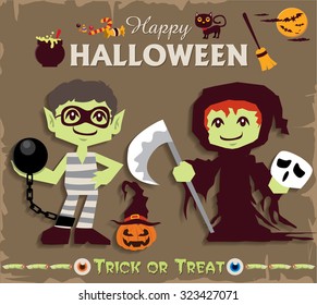 Vintage Halloween poster design set with reaper & thief character