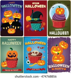 Vintage Halloween poster design set with vector demon, cupcake, jack o lantern character.