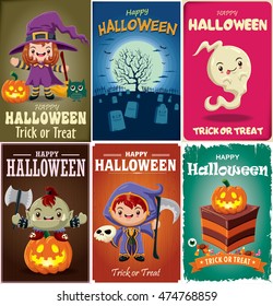 Vintage Halloween poster design set with vector witch, ghost, reaper, orc, cupcake character.