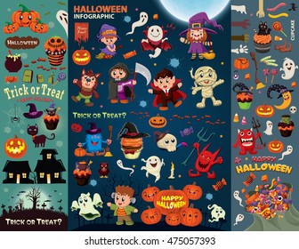 Vintage Halloween Poster Design Set With Vector Vampire, Witch, Mummy, Wolf Man, Ghost, Reaper, Character.