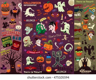 Vintage Halloween poster design set with vector vampire, witch, mummy, wolf man, ghost, character.