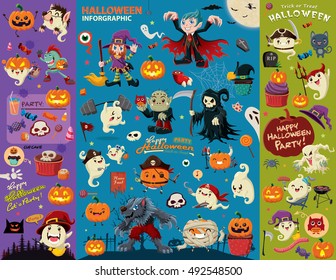 Vintage Halloween poster design set with vector vampire, witch, mummy, wolf man, ghost, reaper character.