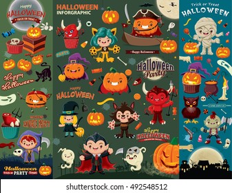 Vintage Halloween poster design set with vector vampire, witch, mummy, wolf man, ghost, reaper character.