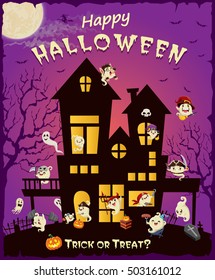 Vintage Halloween poster design set with pumpkin, witch, wolf man, pirate, ghost, reaper, character.