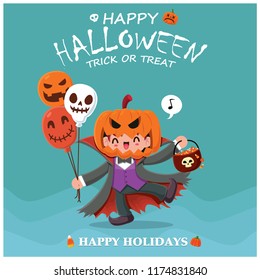 Vintage Halloween poster design with vector demon character. 