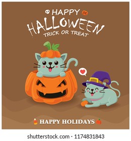 Vintage Halloween poster design with vector witch cat character. 