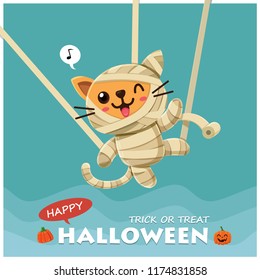 Vintage Halloween poster design with vector mummy cat character. 