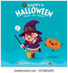 Vintage Halloween poster design with vector witch character. 