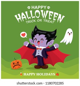 Vintage Halloween poster design with vector vampire character.  