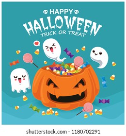 Vintage Halloween poster design with vector pumpkin & ghost character. 