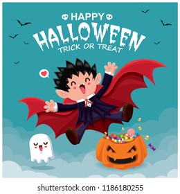 Vintage Halloween poster design with vector vampire & ghost character. 