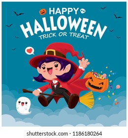 Vintage Halloween poster design with vector witch character. 