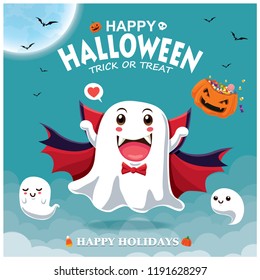 Vintage Halloween poster design with vector vampire ghost character. 