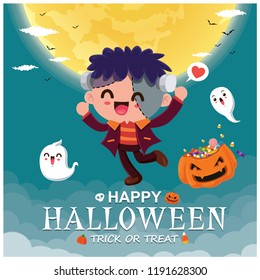 Vintage Halloween poster design with vector demon & ghost character.  