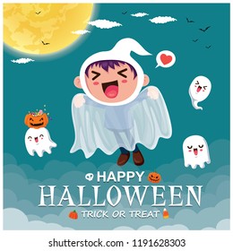 Vintage Halloween poster design with vector ghost character. 