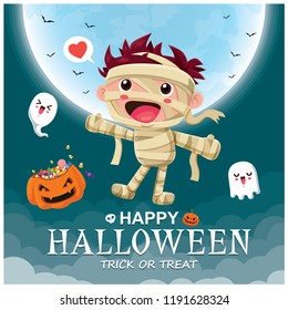 Vintage Halloween poster design with vector mummy & ghost character. 