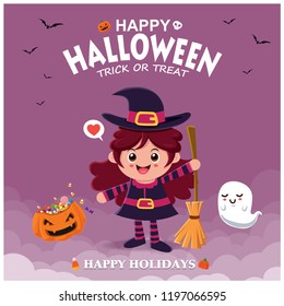 Vintage Halloween poster design with vector witch & ghost character. 