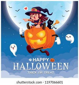 Vintage Halloween poster design with vector witch & Jack O Lantern character. 