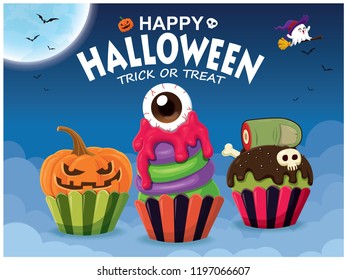 Vintage Halloween poster design with vector witch cupcake & ghost character. 
