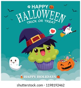 Vintage Halloween poster design with vector witch cupcake & ghost character. 