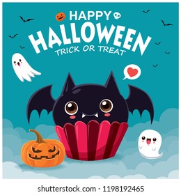 Vintage Halloween poster design with vector bat cupcake & ghost character. 