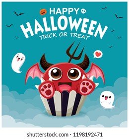 Vintage Halloween poster design with vector demon cupcake& ghost character.  