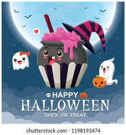 Vintage Halloween poster design with vector cupcake potion pot & ghost character. 