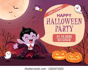 Vintage Halloween poster design with vector vampire & ghost character.  