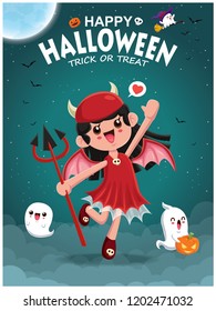 Vintage Halloween poster design with vector demon girl & ghost character.  