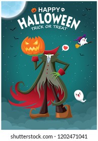 Vintage Halloween poster design with vector demon & ghost character.  