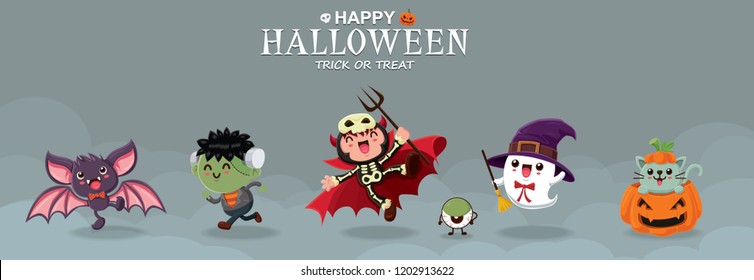 Vintage Halloween poster design with vector bat, zombie, demon, ghost, witch, cat. eyeball, jack o lantern, monster character.