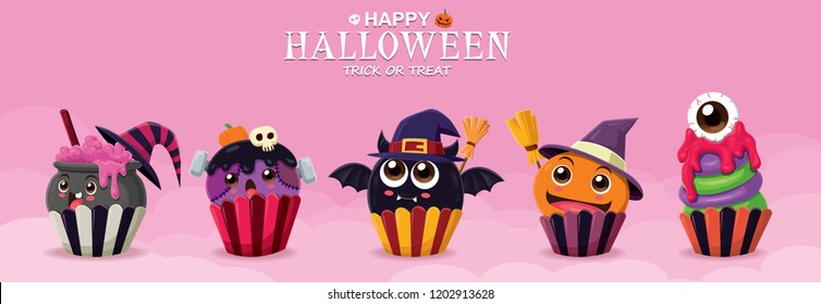 Vintage Halloween poster design with vector witch cupcake & ghost character. 