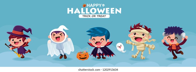Vintage Halloween poster design with vector witch, demon, vampire, witch, monster character.  
