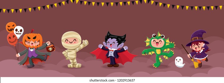 Vintage Halloween poster design with vector jack o lantern, mummy, vampire, sea creature, ghost, witch, monster character.  