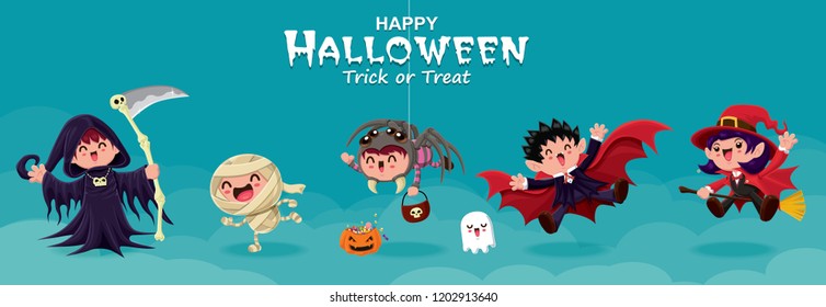 Vintage Halloween poster design with vector reaper, witch, demon, spider, ghost, vampire, witch, mummy, zombie, monster character.  