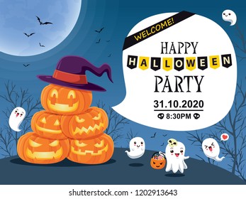 Vintage Halloween poster design with vector Jack O Lantern & ghost character. 