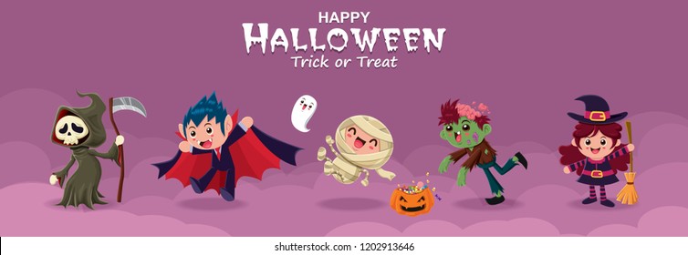 Vintage Halloween poster design with vector reaper, witch, demon, ghost, vampire, witch, mummy, zombie, monster character.  