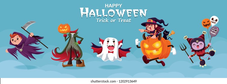 Vintage Halloween poster design with vector reaper, jack o lantern, ghost, vampire, witch, monster character.  