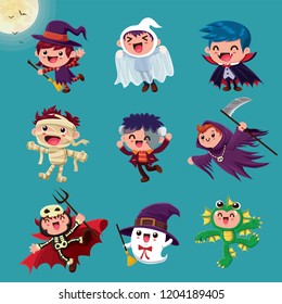 Vintage Halloween poster design with vector vampire, mummy, witch, zombie, bat, ghost, demon, reaper, sea creature, monster character.  