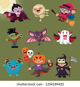 Vintage Halloween poster design with vector vampire, mummy, witch, zombie, bat, ghost, demon, Jack O Lantern, reaper, monster character.  