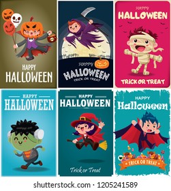Vintage Halloween poster design with vector vampire, mummy, witch, zombie, bat, ghost, demon, Jack O Lantern, reaper, monster character.  