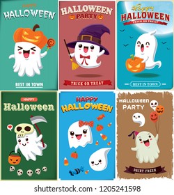 Vintage Halloween poster design with vector witch, bat, ghost, demon, Jack O Lantern, reaper, monster character.  