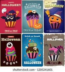 Vintage Halloween poster design with vector witch, spider, bat, eyeball, zombie, cupcake & ghost character. 