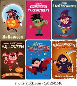 Vintage Halloween poster design with vector vampire, witch, zombie, bat, ghost, demon, Jack O Lantern, reaper, monster character.  